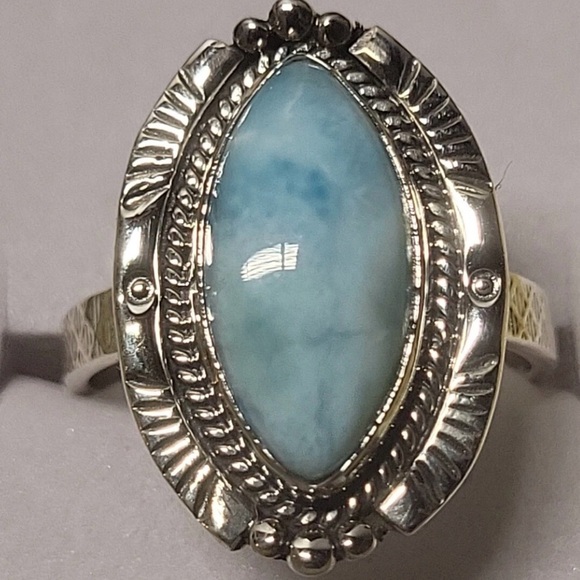 Sterling Silver Native American Larimar Gemstone Ring Sz 8 - Picture 2 of 5